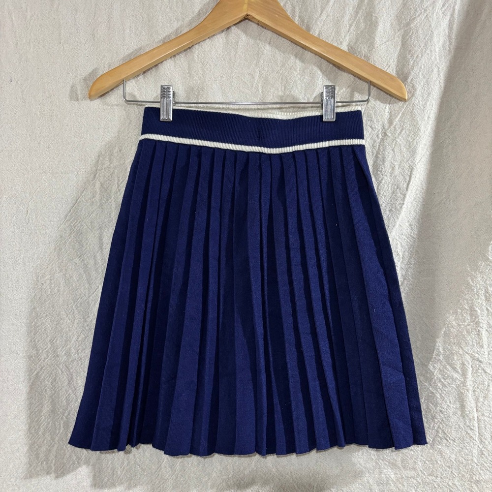 Willow & Wind Navy Blue Pleated Knit Mini Skirt White Stripe Waistband Medium